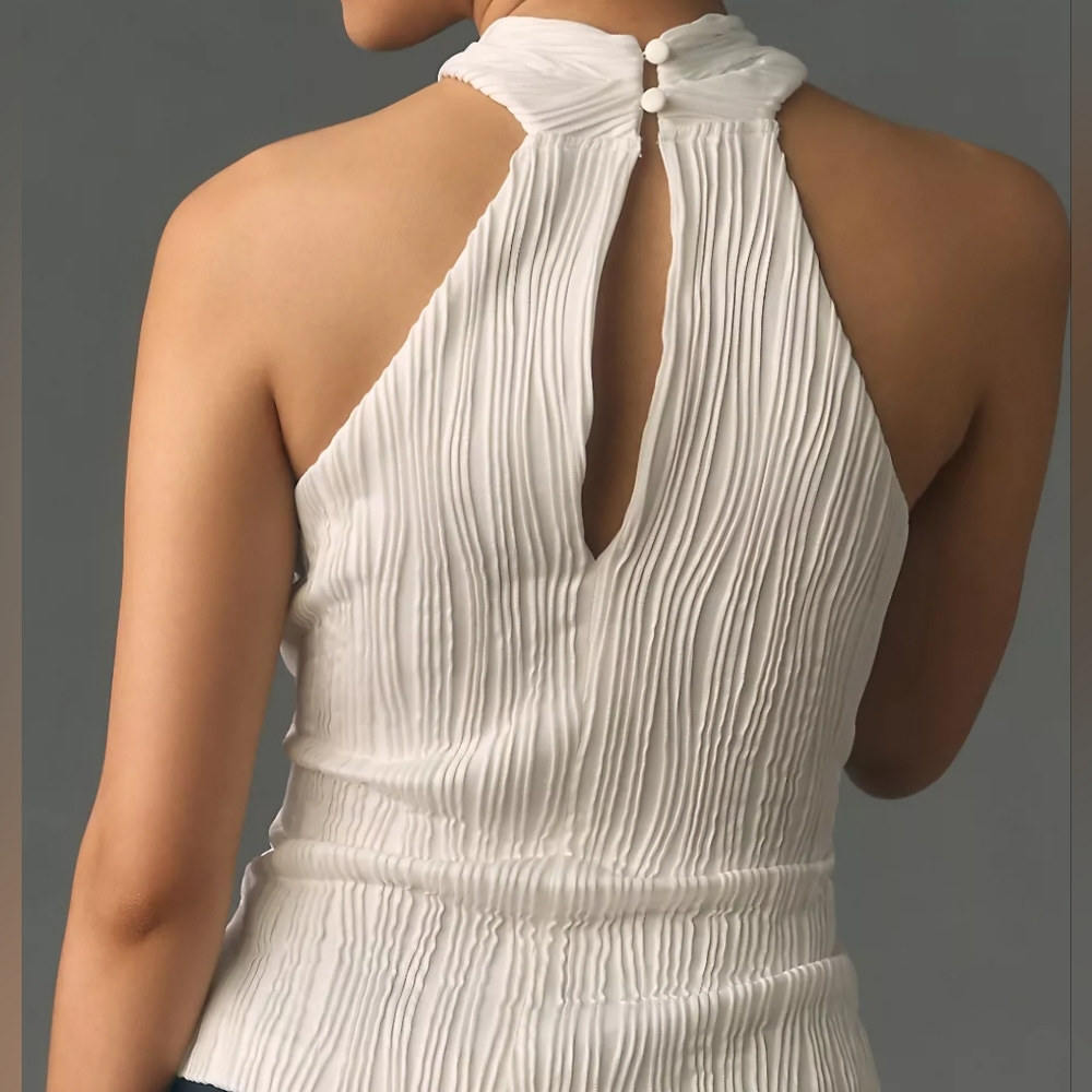 Anthropologie Cream Pleated Halter Top - Picture 2 of 5
